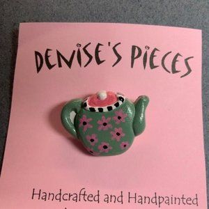 Tea Pot Pin Brooch Green Pink Flower Black White Plaster Handmade Hand Painted